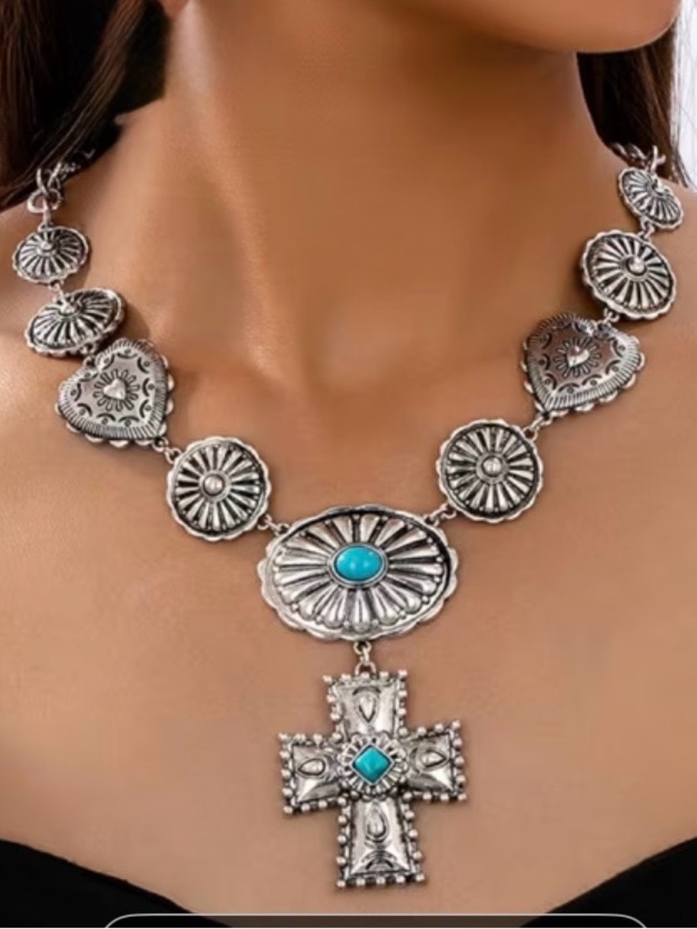 Western Necklace Silver-Tone Turquoise Concho Cross Necklace Southwestern Style